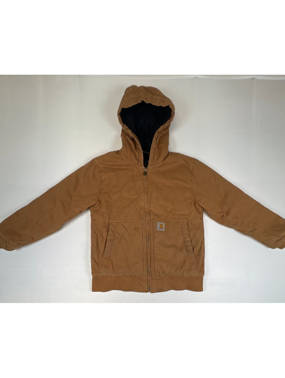 Carhartt Kids M 10-12 Hooded Active Jacket Brown Cotton Quilted Lined Full Zip